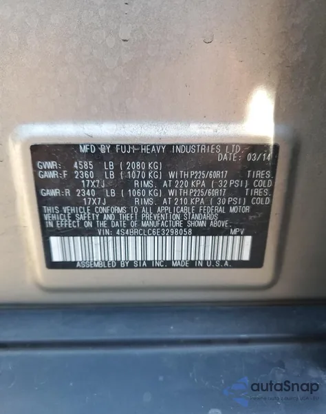 2014 Subaru Outback 2.5I Limited z USA, uszkodzony, nr VIN 4S4BRCLC6E3298058